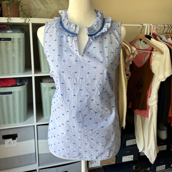 Talbots | Blue Stripe + Clipped Swiss Dot sleeveless blouse size Small Petite - Picture 2 of 12